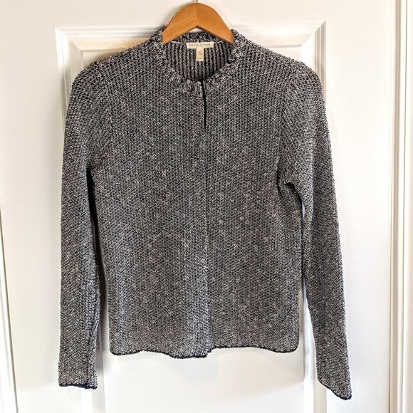 Eileen Fisher Petite Black White Linen Cotton Snap Front Cardigan - Picture 1 of 5